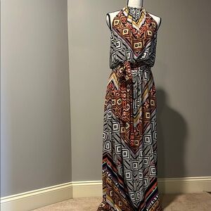 New Directions Brown and Orange Halter Maxi Dress